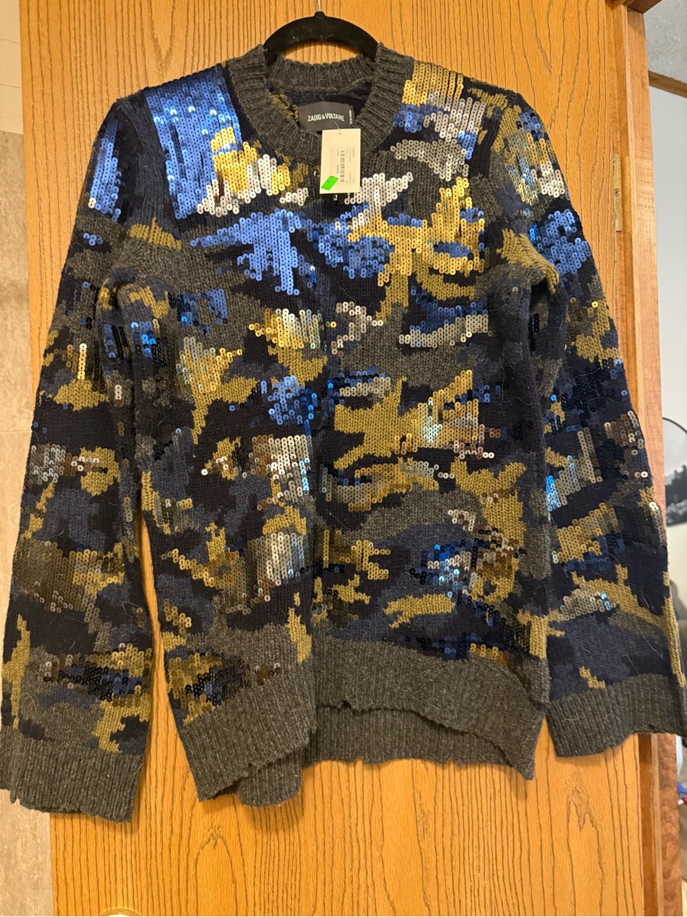 Zadig & Voltaire Gray Sweater with Blue and Gold Sequin Camo